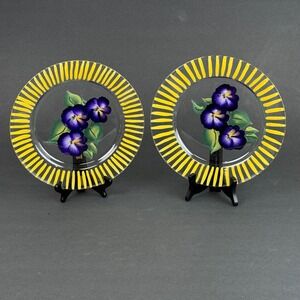 Keller Hand Painted Glass Plates 10.5" Purple Pansies Striped Rim Set of 2